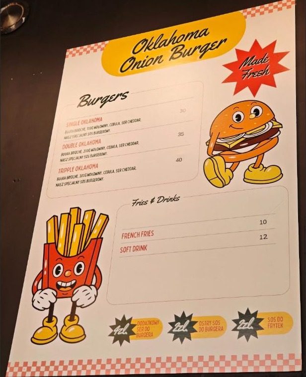 Zdjęcie tablicy z cennikiem Oklahoma Burger